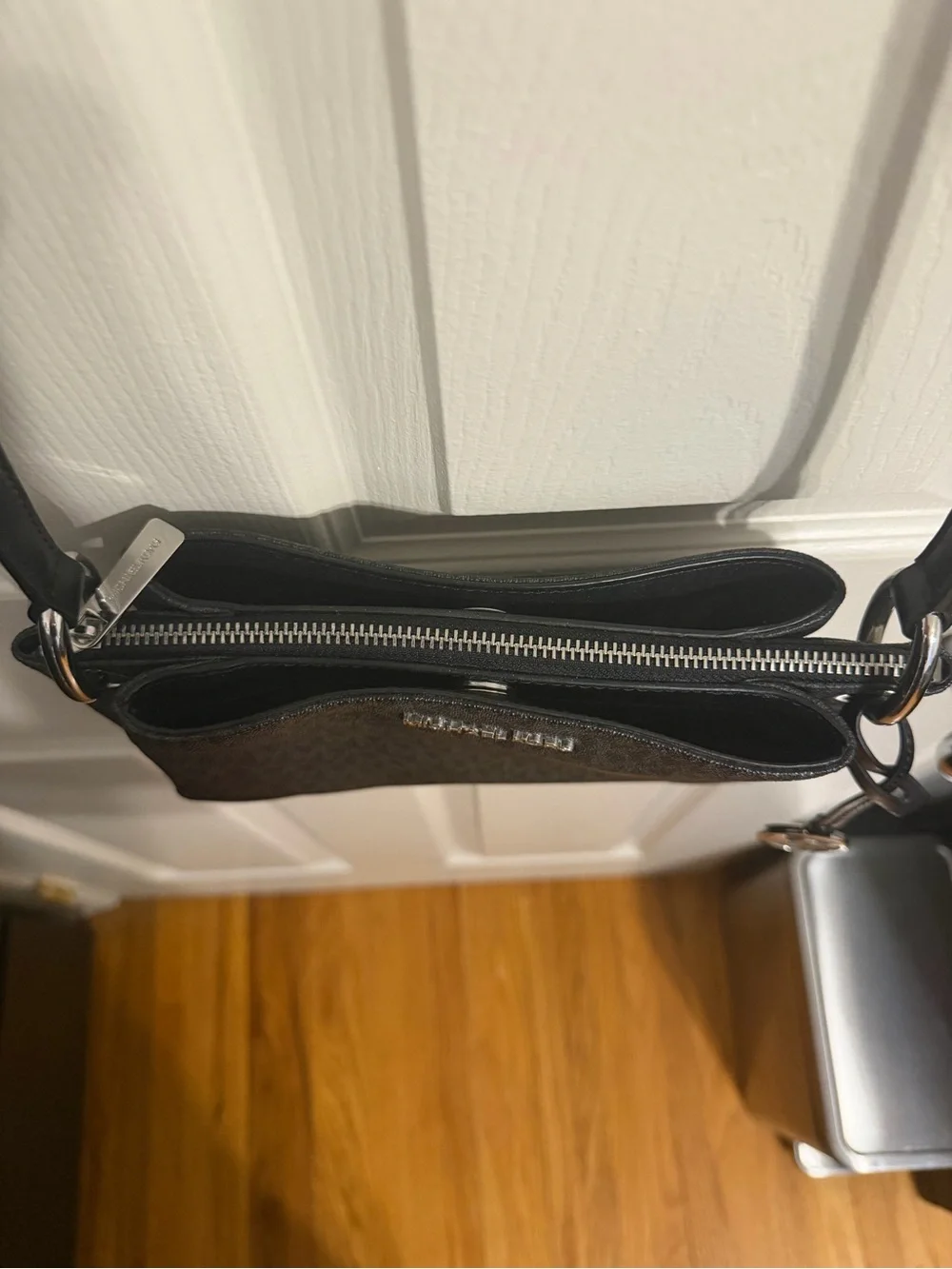 Michael Kors Black Signature MK Crossbody Purse with Silver Hardware